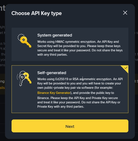 Binance 'Choose API Key type' dialog — pick Self-generated