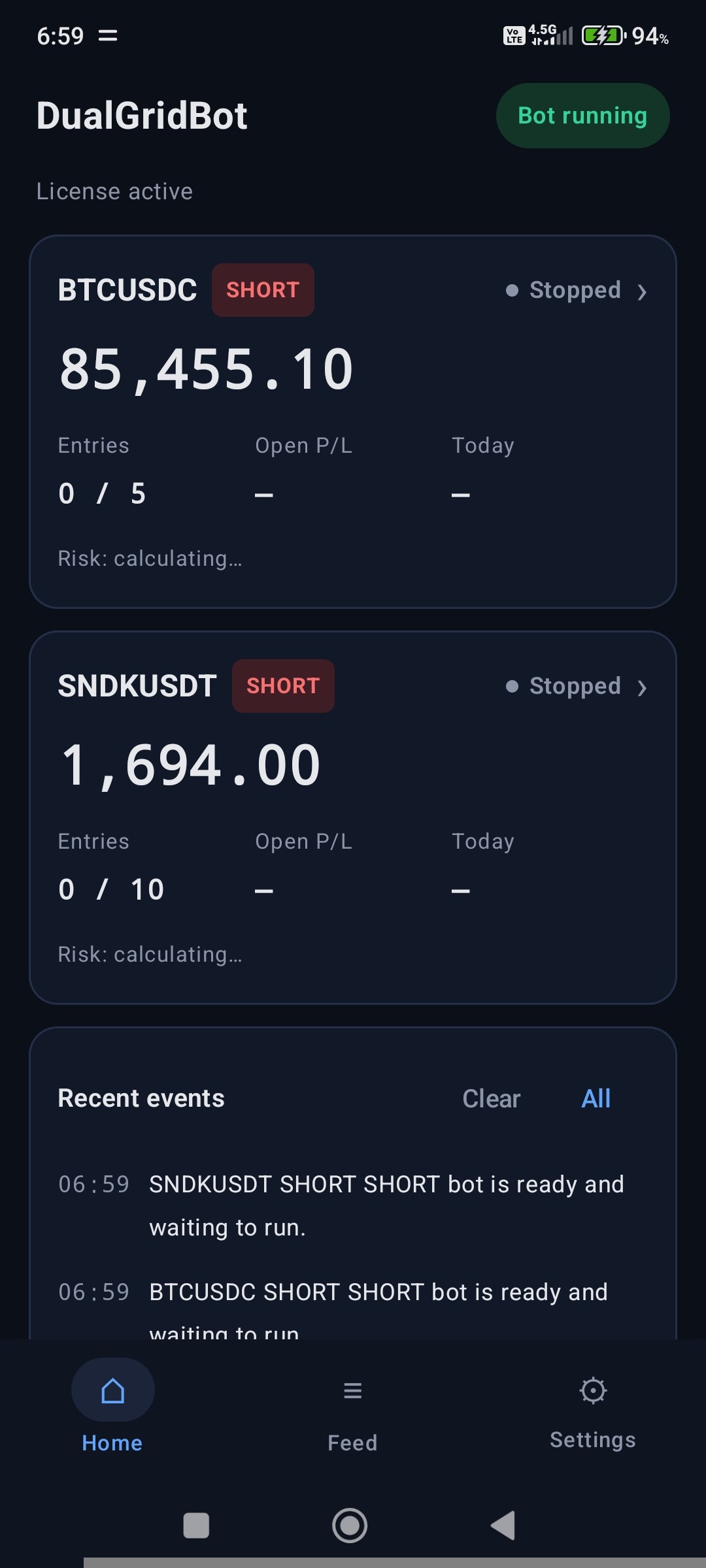 DualGridBot Android app home screen showing two bot panels