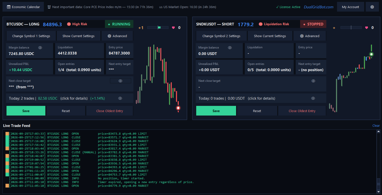 DualGridBot desktop app running live: BTCUSDC long grid with trade feed